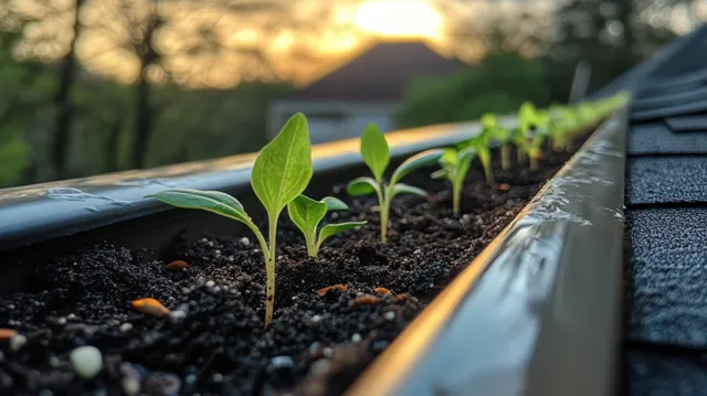 Young green seedlings sprout in soil inside a narrow gutter beside a roof edge in morning sunlight.