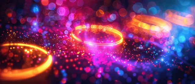 Neon glowing rings hover above colorful bokeh lights in purple, yellow, pink, and blue.