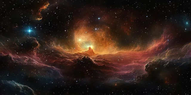 Swirling colorful nebula clouds stretch across deep space beneath a dense field of stars.