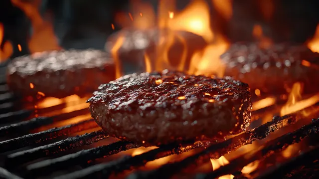 Sizzling beef burger patties on a grill with bright flames and smoky embers
