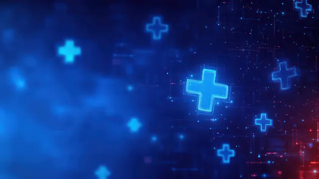 Glowing holographic medical crosses float in a dark blue digital space with small red light accents.