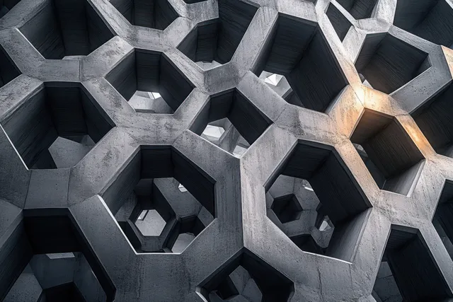 Futuristic concrete honeycomb facade with hexagonal openings casting deep shadows and warm highlights.