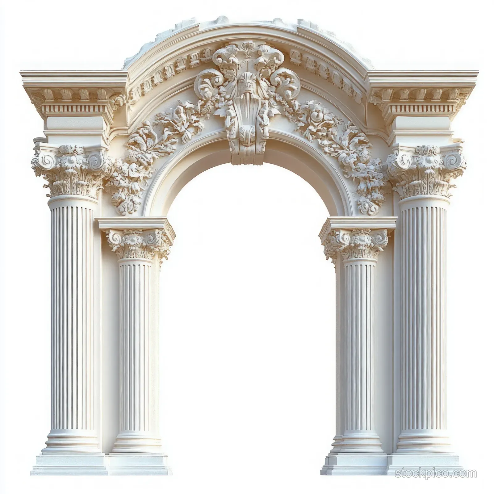 White classical archway with floral scroll carvings and four fluted Corinthian columns against a plain background.