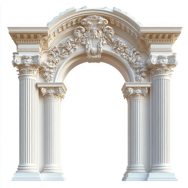 White classical archway with floral scroll carvings and four fluted Corinthian columns against a plain background.