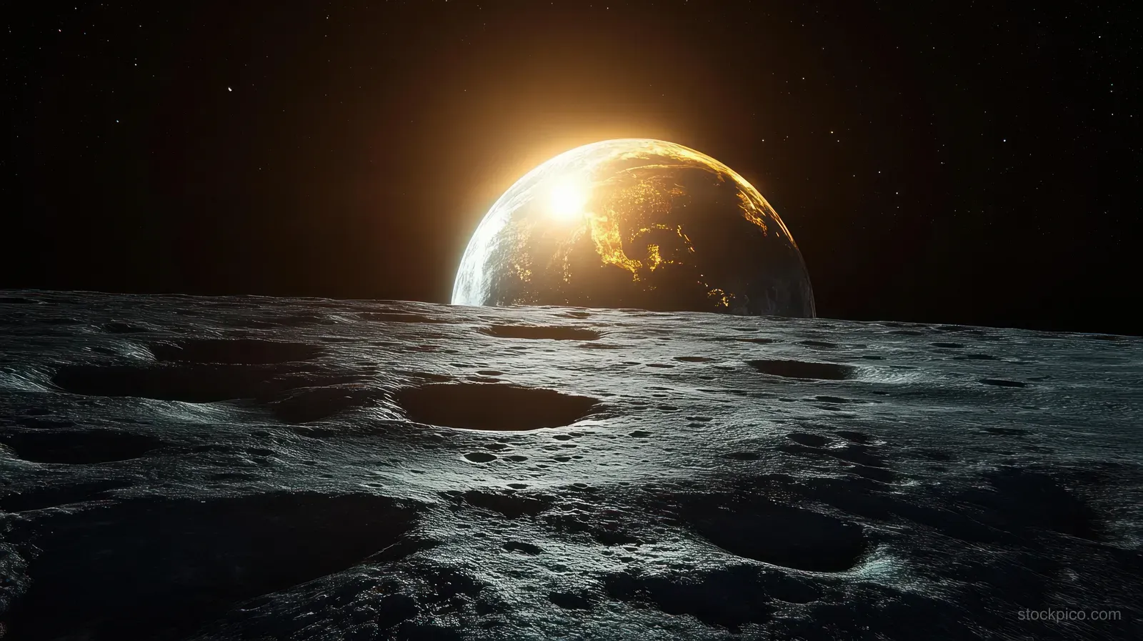 Earth glowing above a textured lunar landscape with a bright sunrise rim and a dark star-filled sky.