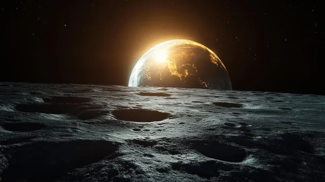 Earth glowing above a textured lunar landscape with a bright sunrise rim and a dark star-filled sky.