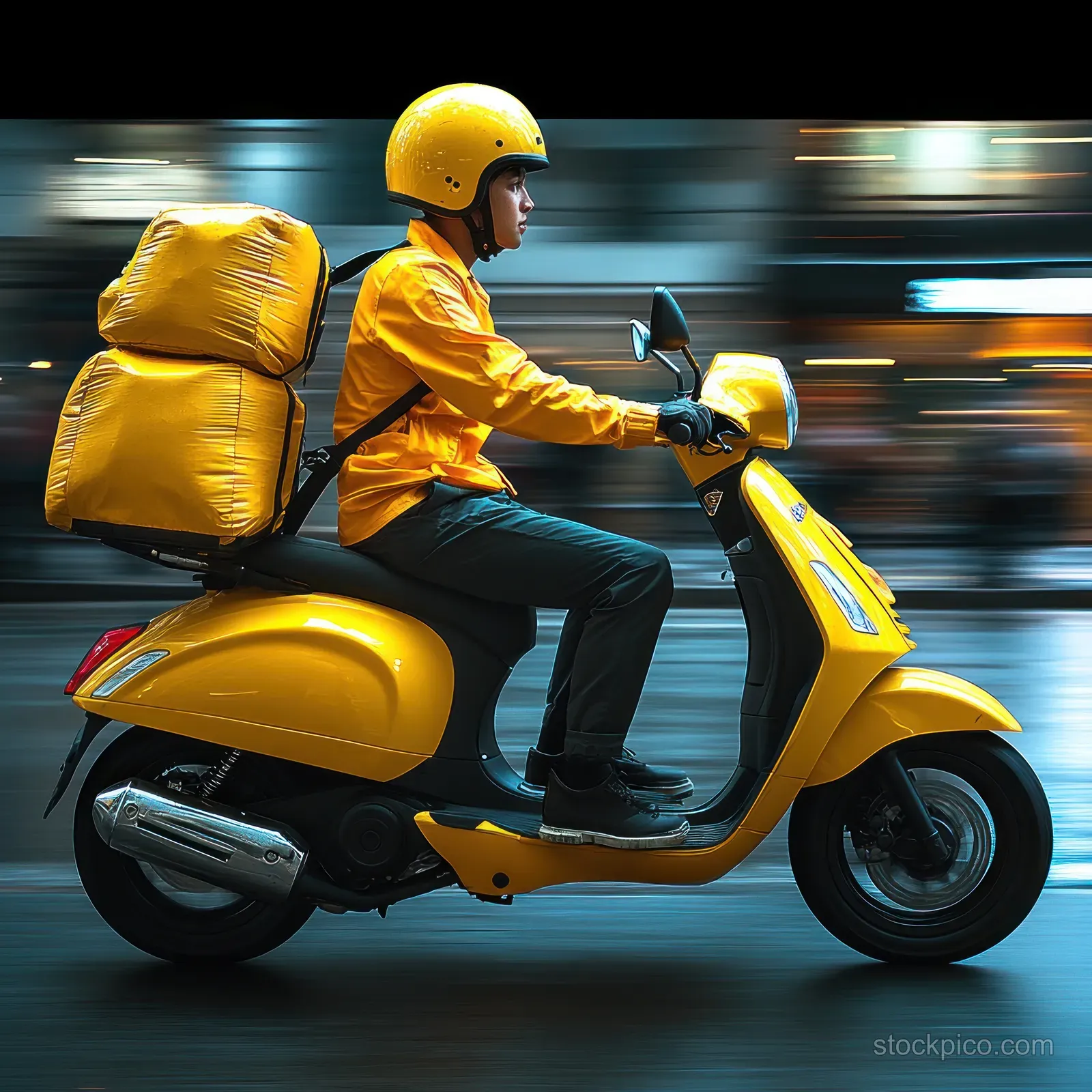 Yellow scooter courier rides through a city street fast, wearing a helmet and jacket with an insulated delivery bag.