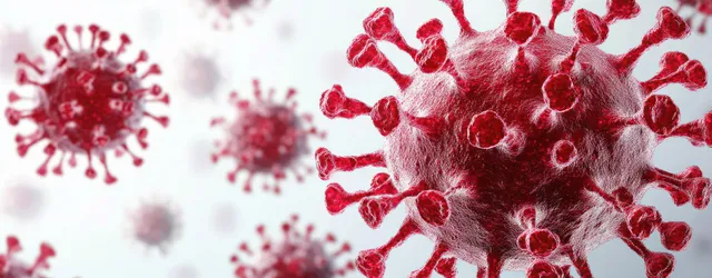 Red coronavirus particles with spiky spikes float against a blurred laboratory background.