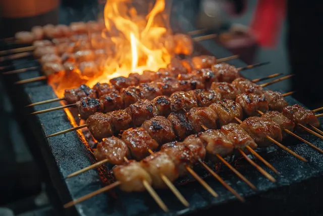 Chicken satay skewers grill over charcoal with orange flames and smoke visible behind the meat.