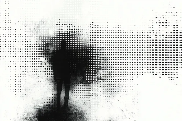 A black silhouette person stands in front of an abstract white background filled with black dot smudges.