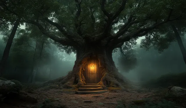 A glowing doorway leads into an enchanted tree house inside a foggy forest at night.