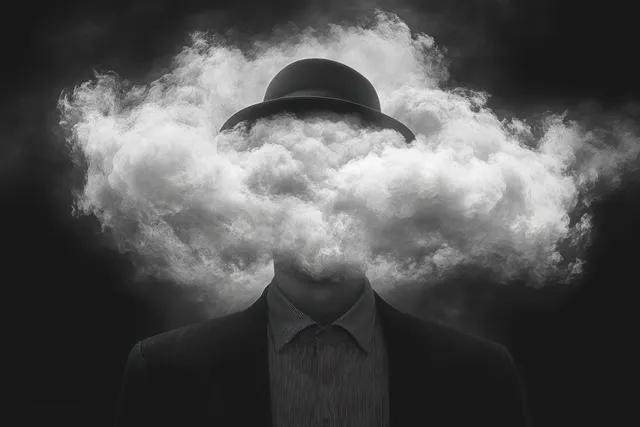 Bowler-hatted man in monochrome suit with face hidden by dense swirling cloud of confusion