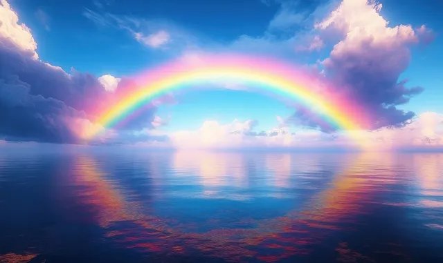 Rainbow arches over calm ocean at sunrise, glowing reflections on gentle waves
