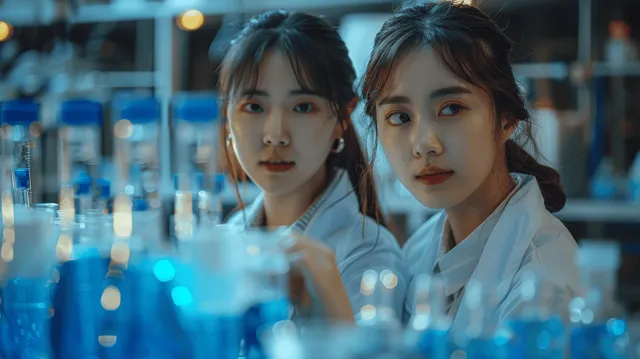 Two Asian women scientists in white lab coats observe blue liquid experiments in a laboratory with glass flasks and pipettes.