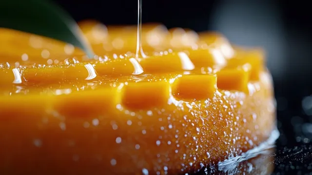 A close-up mango slice with water droplets being drizzled on top, showing glossy orange moisture.