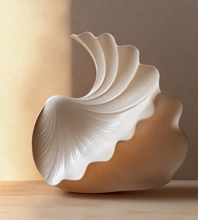 White seashell placed on a beige pedestal with soft shadows against a warm beige background.