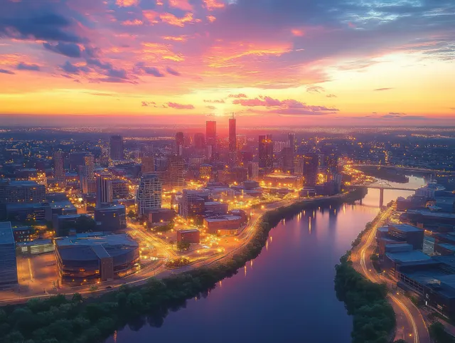 Rochester Minnesota skyline glows at sunset over the Zumbro River with warm city lights