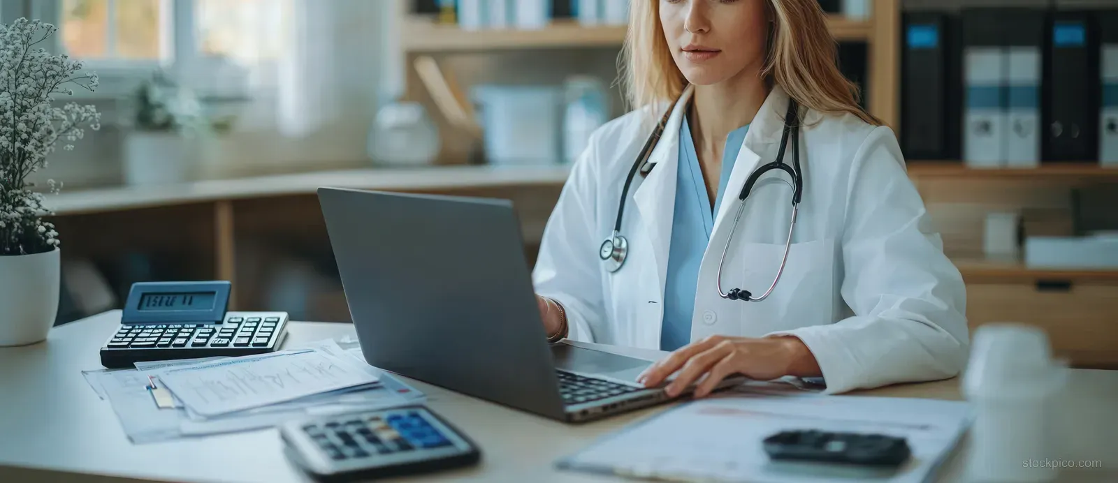 Female doctor in a white coat types on a laptop at a desk with calculators and documents in a bright medical office.