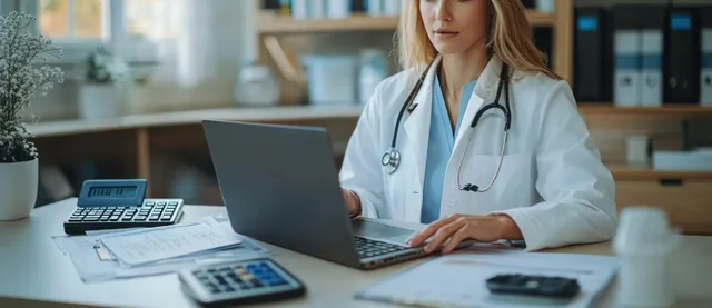 Female doctor in a white coat types on a laptop at a desk with calculators and documents in a bright medical office.