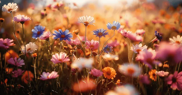 Sunlit wildflower meadow in spring, colorful daisies swaying with soft golden bokeh