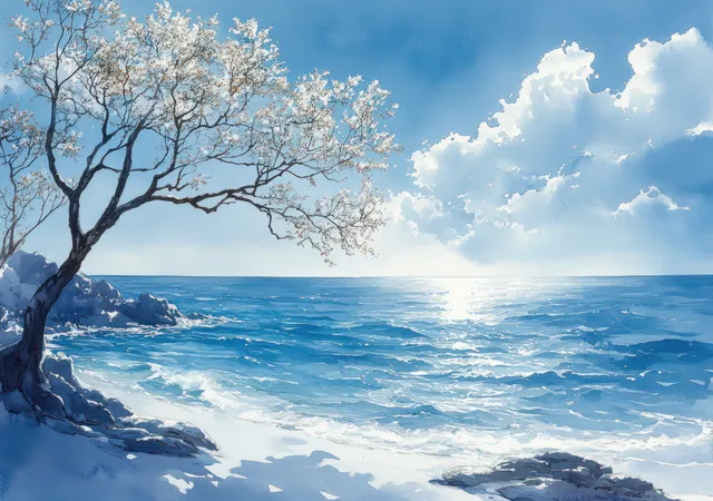 Bare winter tree branches stretch over a rocky shoreline beside a shimmering blue ocean under a bright, clouded sky.