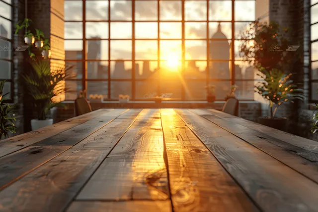 Sunlit modern office lobby with panoramic windows and warm beige wood tones