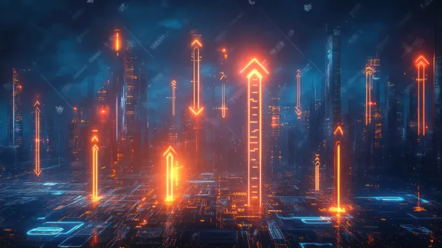 Neon cyberpunk city skyline with glowing upward arrows and circuit-like data lines on a dark blue background.