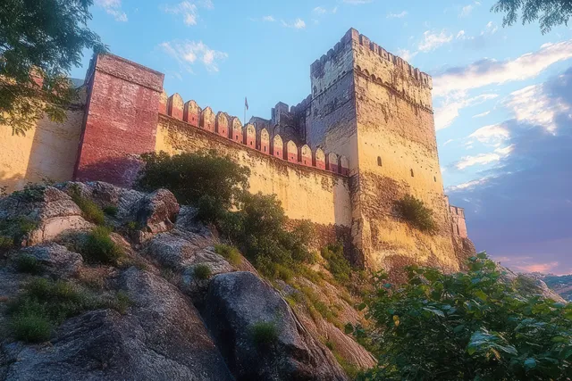 Historic stone fortress with battlements on a rocky hill, warm sunlight, green foliage, and partly cloudy blue sky.