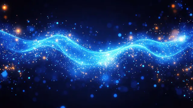 Blue glowing wave made of light particles and sparkles travels across a dark background with dotted trails.