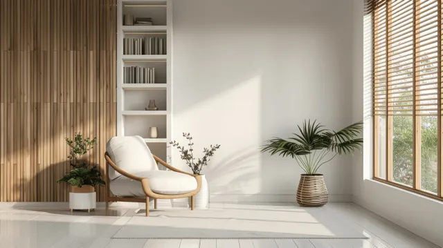 Minimalist living room corner with wooden bookcase, armchair, and sunlit striped window blinds