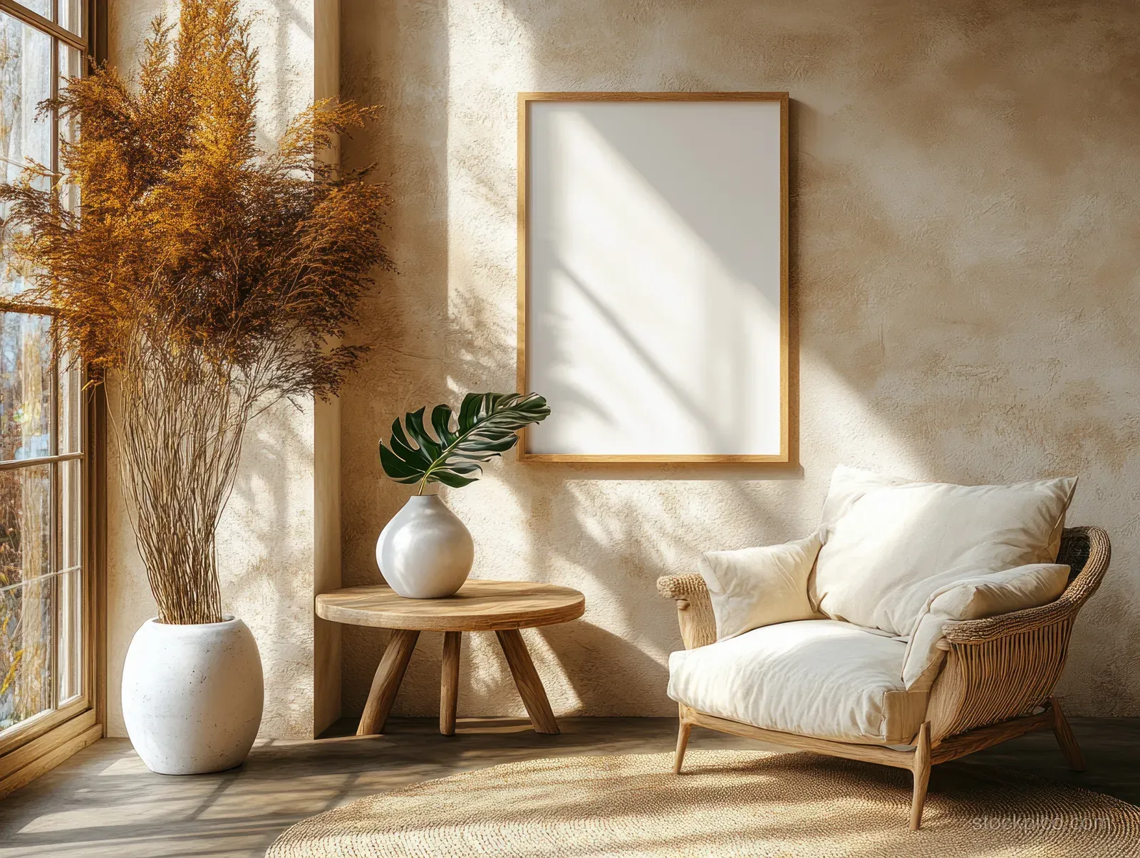 Warm-lit minimalist living room with a blank framed mirror, round wooden table, vase, and cream armchair.