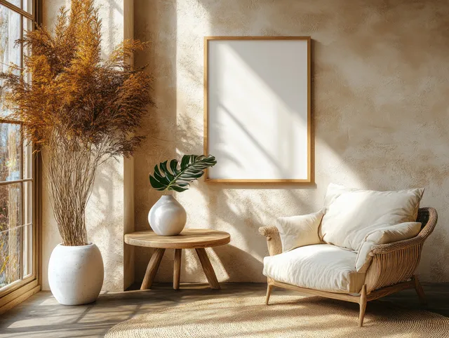 Warm-lit minimalist living room with a blank framed mirror, round wooden table, vase, and cream armchair.