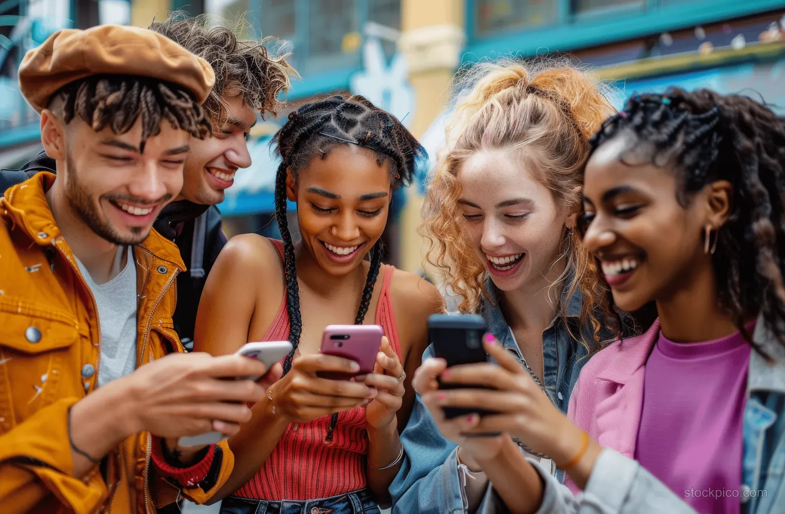 Several friends laugh while holding smartphones outdoors on a city street, sharing social media content.