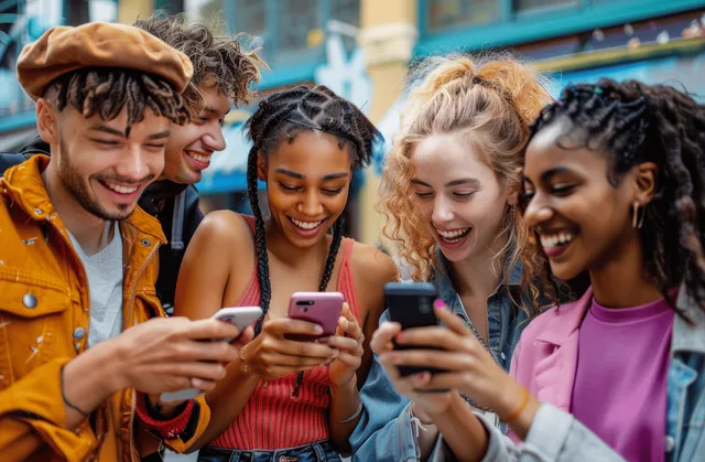Several friends laugh while holding smartphones outdoors on a city street, sharing social media content.