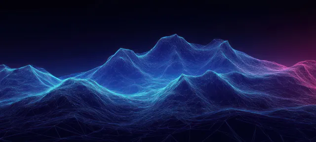 Wireframe mountain peaks glow blue and pink with neon grid lines on a dark background.