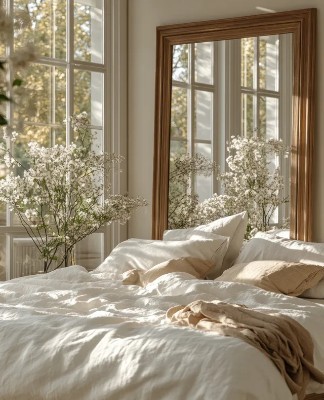 Sunlit bedroom with white bedding, neutral pillows, and tall windows showing leafy greenery outside.