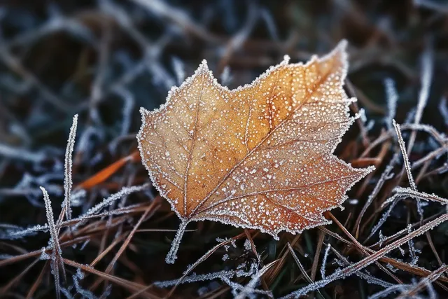 A brown autumn leaf dusted with frost lies on frozen grass and twigs with visible ice crystals.