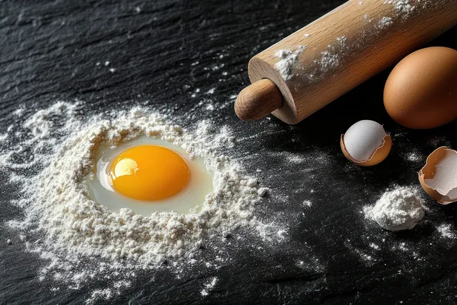 Cracked egg in flour with rolling pin on dark wooden countertop