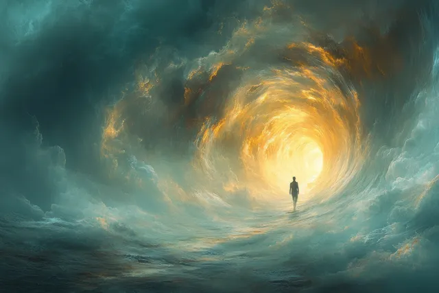 Lone traveler walking toward a glowing spiral portal through a dark tunnel