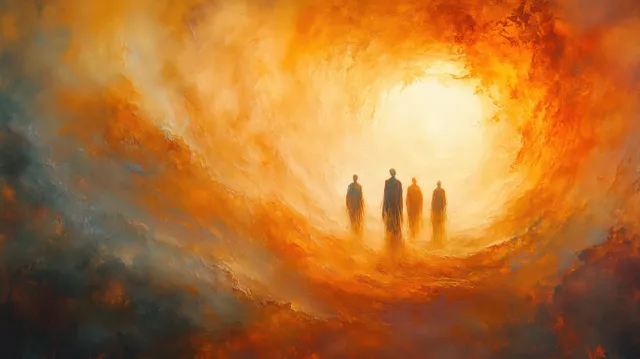 Three silhouettes walk toward a glowing circular light as watercolor clouds swirl around them.