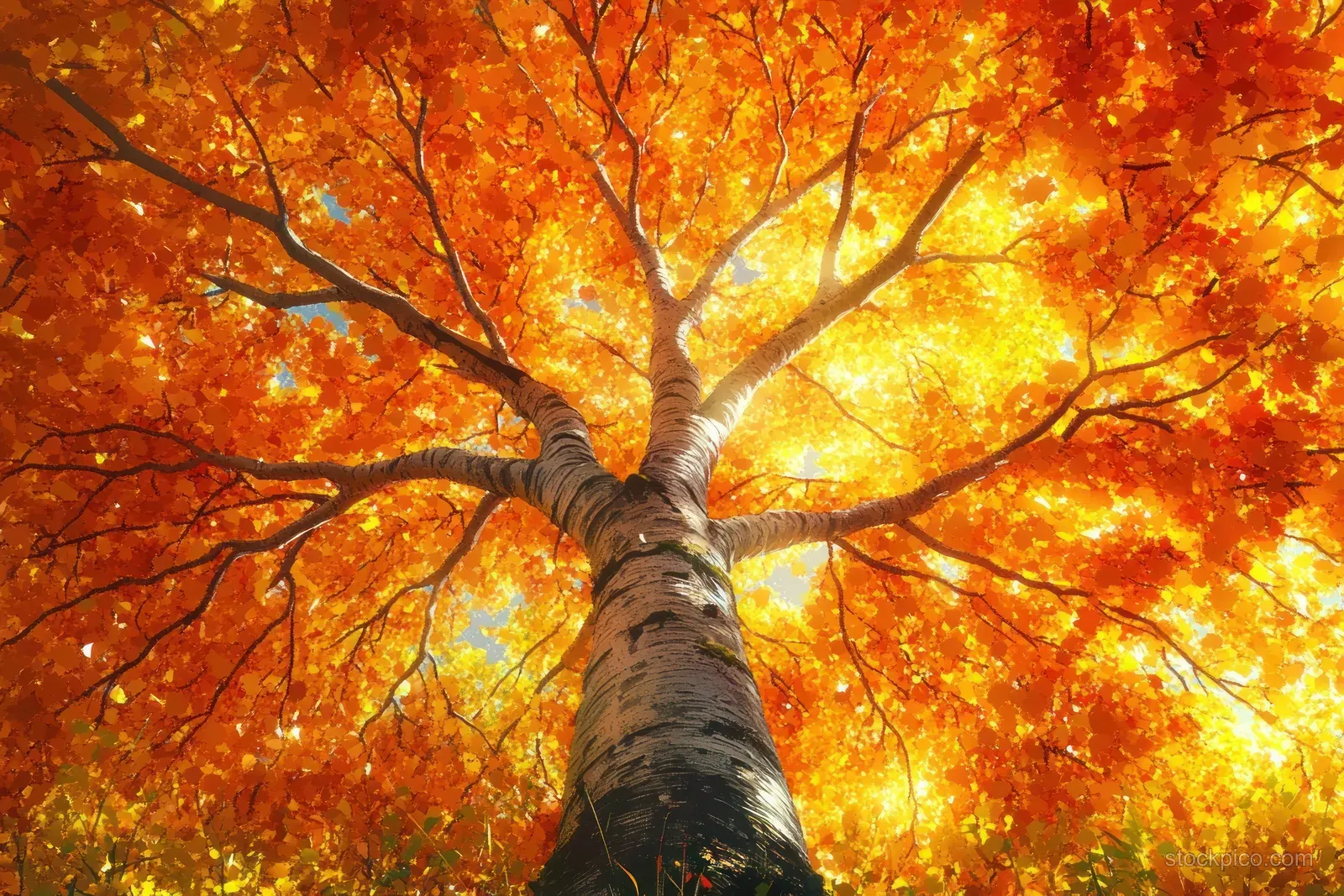 A tall tree seen from below with glowing orange and yellow autumn leaves.