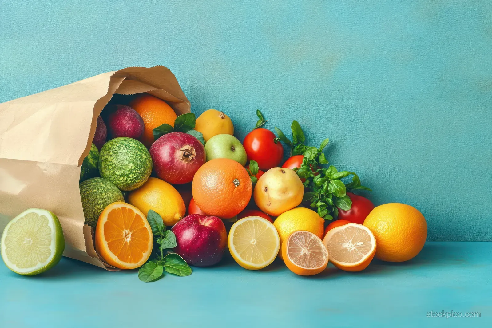 A brown paper bag spills assorted fruits and vegetables onto a blue surface.