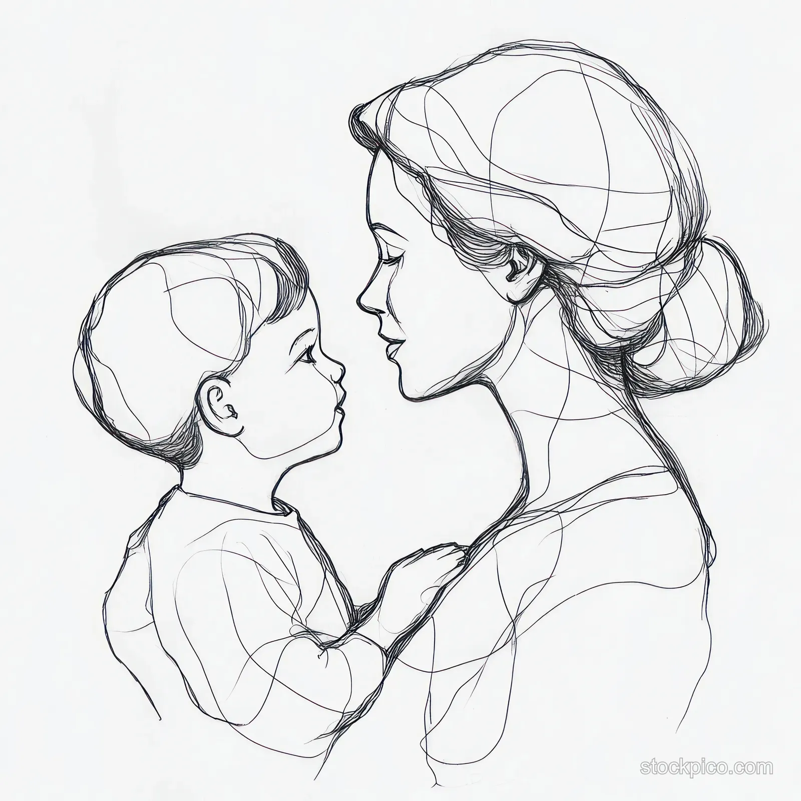 Minimal line drawing of a mother holding her child’s face while both look at each other closely.