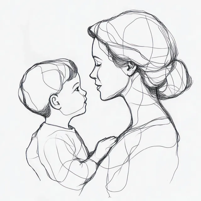 Desenho minimalista de uma mãe segurando o rosto do filho enquanto ambos se olham de perto.