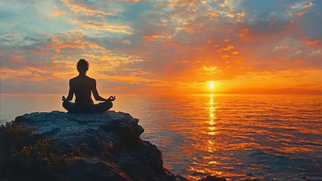 A silhouetted person meditates in lotus pose on a rocky cliff above a calm ocean at sunset.