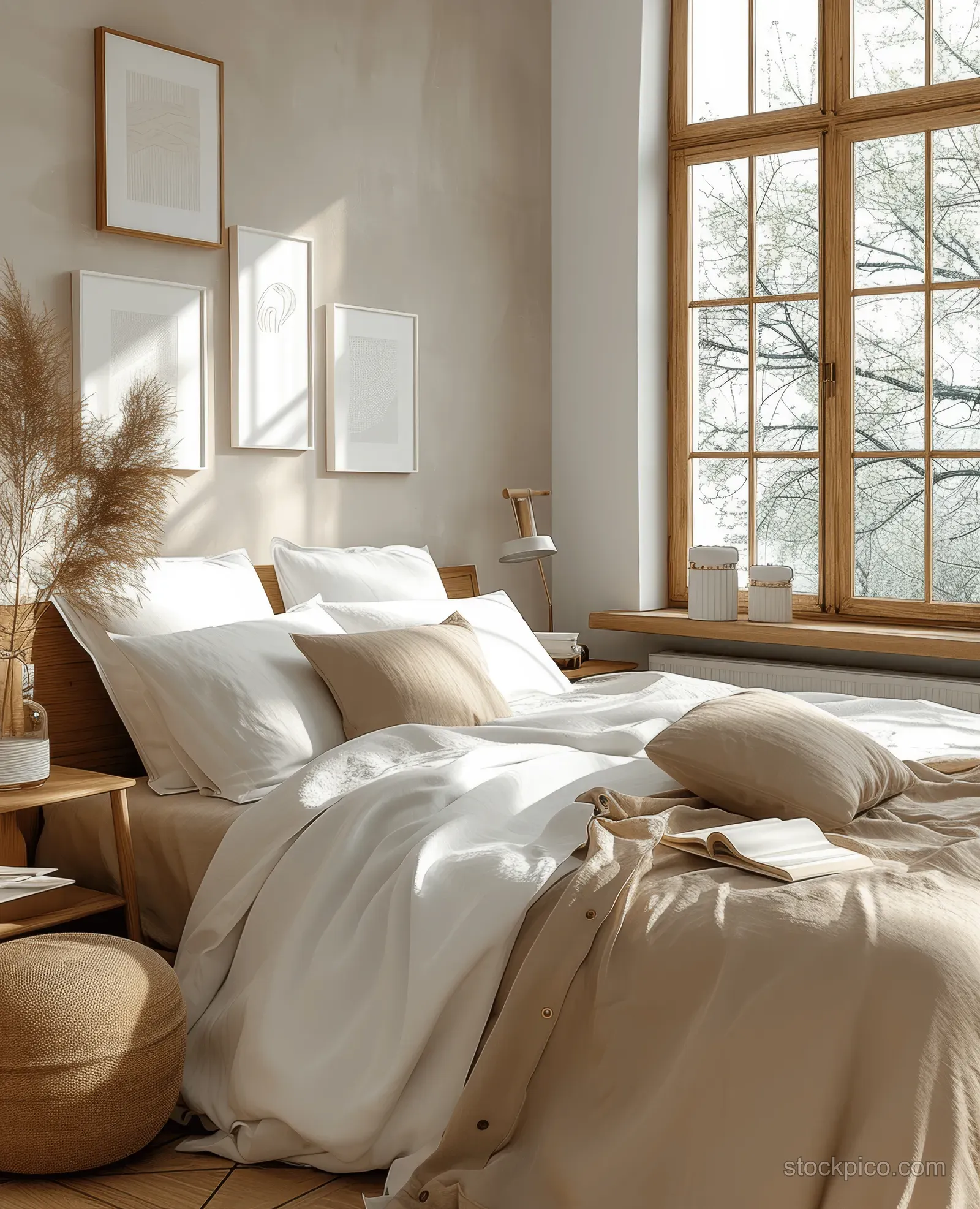 Vertical oak wood frame mockup on a bohemian bedroom wall above beige and white linen bedding near a sunny window.