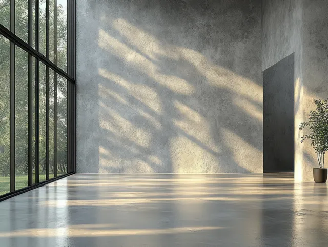 Minimalist loft interior with polished concrete floor, large windows, and tree shadows on concrete walls.