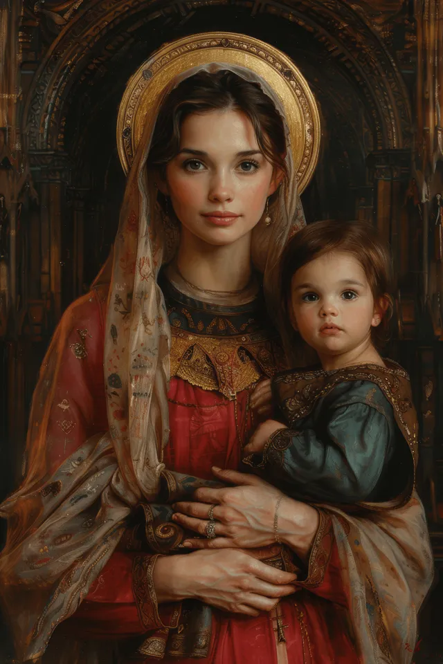Mary holding Baby Jesus in a Renaissance oil painting inside an ancient cathedral with glowing halos.