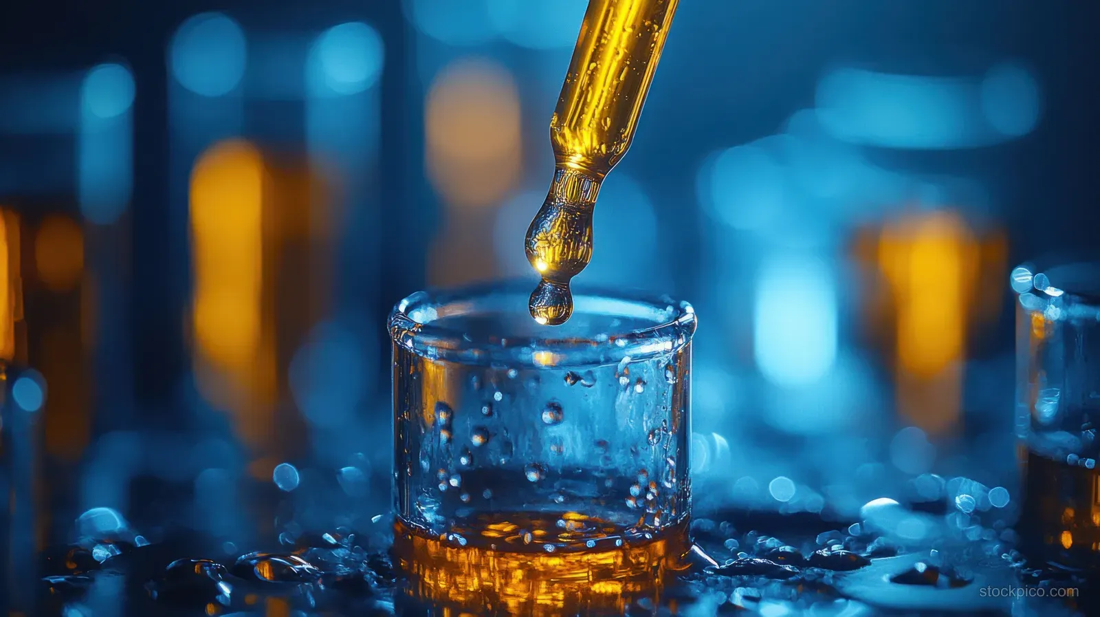 A glowing droplet falls from a dropper into an amber test tube amid a softly blurred blue laboratory background.