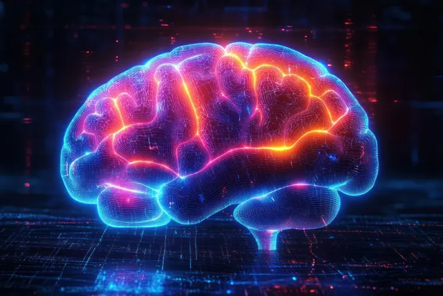 A glowing holographic brain shows blue and orange neural pathways in a dark digital cyberspace background.